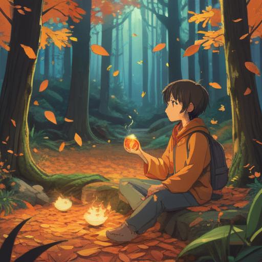 A serene illustration of the autumnal equinox, golden leaves gently falling, a peaceful forest setting, people meditating in nature, vibrant earthy tones, spiritual symbols subtly integrated in the background, soft sunlight filtering through trees, a calming and reflective atmosphere, 4k