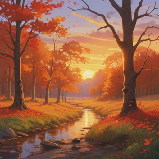 A serene autumnal landscape during the autumn equinox, vibrant fall foliage in shades of orange and gold, a glowing sun setting on the horizon, spiritual symbols gently floating in the air, an aura of tranquility and balance, reflections on a still lake, a sense of connection with nature and energy, peaceful meditation, harmonious atmosphere, 4k