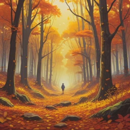 A mystical scene depicting autumn equinox, golden leaves falling, serene forest setting, soft sunlight filtering through trees, spiritual symbols hidden among nature, ethereal glow, tranquil atmosphere, reflective character in meditation, 4k