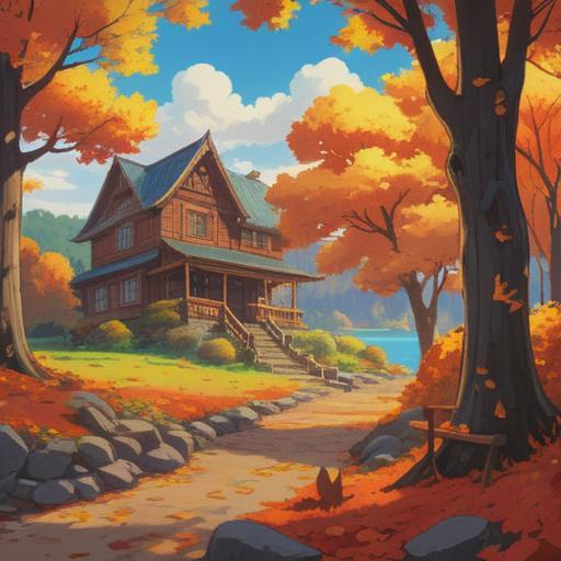 A serene autumn landscape, vibrant fall foliage, symbols of good fortune, cozy atmosphere, sunlight filtering through trees, lucky items like acorns and pumpkins, gentle breeze, rich textures, warm colors, peaceful setting, 4k