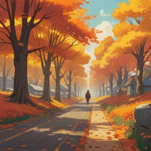 A serene autumn landscape, harvest season, warm golden hues, vibrant falling leaves, energy of the equinox, sun shining through trees, fields of ripe crops, peaceful atmosphere, reflections on a calm lake, gentle breeze, nature's balance, 4k