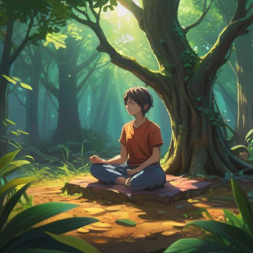 A serene and contemplative scene depicting a person meditating under a large tree, soft rays of sunlight filtering through the leaves, symbols of spiritual signs floating gently around them, a sense of calm and clarity in the air, vibrant colors reflecting hope and opportunity, nature's tranquility, 4k