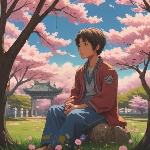 A serene and inspiring scene, a young job seeker meditating under a blooming cherry blossom tree, gentle sunlight filtering through the branches, symbols of good fortune and opportunity floating in the air, a sense of connection and alignment, tranquil setting, soft pastel colors, a feeling of hope and encouragement, 4k