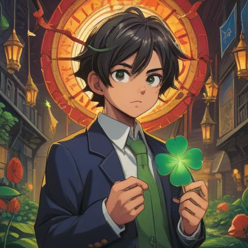 A motivational scene showcasing a young professional in smart attire, holding a lucky charm like a four-leaf clover, surrounded by symbols of good fortune such as horseshoes and fortune cookies, bright sunlight illuminating the setting, optimistic expression, emphasis on positivity and opportunity, urban environment with office buildings in the background, 4k