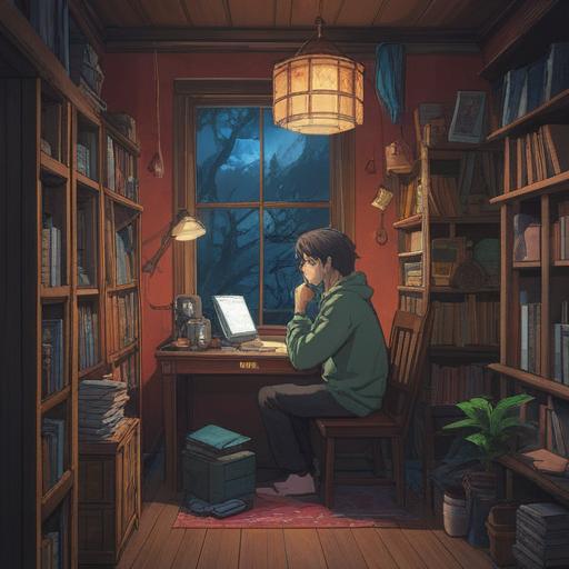 A contemplative scene depicting a job seeker sitting in a serene, dimly lit room, surrounded by motivational quotes on the walls, a journal open with doodles and notes, a gentle light illuminating the space from a small lamp, symbolic objects like a dream catcher and crystals, reflecting a spiritual atmosphere, feelings of uncertainty and hope, 4k