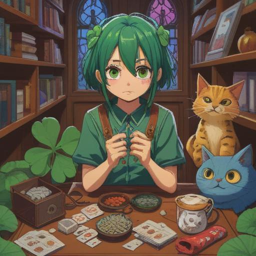 A whimsical illustration of a young job seeker feeling frustrated, surrounded by symbolic lucky accessories like a four-leaf clover, a lucky cat figurine, and a charm bracelet, an office environment in the background, bright colors, motivational quotes on the walls, hopeful atmosphere, expressive facial expression, detailed accessories, 4k