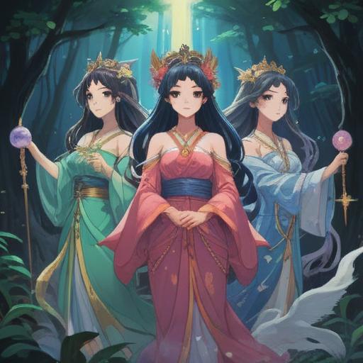 A serene illustration of Munakata's Three Goddesses, ethereal presence, divine light radiating, surrounded by sacred nature, symbolic elements representing spirituality, tranquil atmosphere, harmonious colors, mystical ambiance, detailed goddess figures, representing protection and guidance, 4k