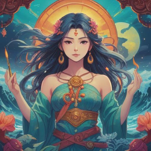 A serene and mystical illustration of the three Munakata goddesses, vibrant spiritual symbols around them, peaceful ocean backdrop, ethereal glow, intricate traditional clothing, harmonious nature elements, conveying positive spiritual signs, 4k