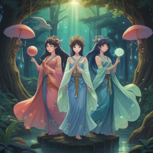 A serene landscape depicting the three Munakata goddesses, ethereal and graceful figures, surrounded by sacred nature, glowing spiritual symbols in the air, mystical light filtering through the trees, tranquil atmosphere, gentle flowing water, vibrant colors, deep connection with spirituality, 4k