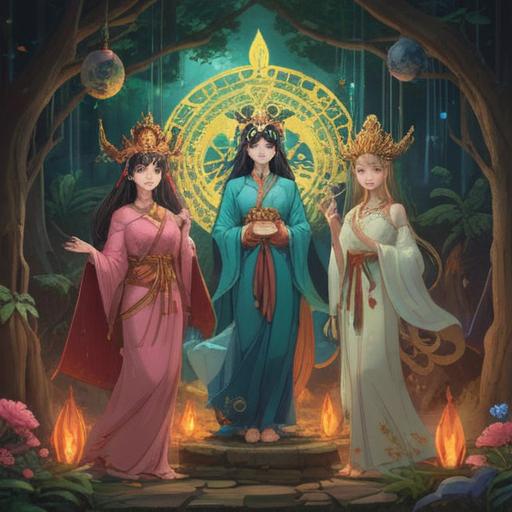 Three goddesses bestowing blessings, vibrant lucky items, mystical ambiance, ancient symbols intertwined with modern artifacts, ethereal light illuminating an altar, intricate details on the items, rich colors, serene and hopeful atmosphere, 4k