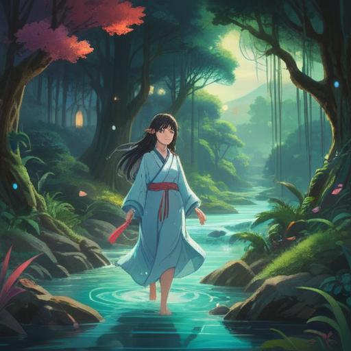 A serene journey reflecting the blessings of the three goddesses, lush landscapes, gentle rivers flowing, ethereal light illuminating the path, vibrant flora and fauna, a meditative character experiencing tranquility, enchanting mist surrounding, spiritual essence in the air, soft pastel colors, harmonious atmosphere, artistic depiction of divine presence, 4k