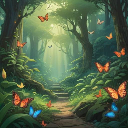 A serene scene depicting the transformative power of nature, lush greenery, radiant sunlight filtering through leaves, symbolic elements like butterflies and blooming flowers, a person meditating with a peaceful expression, ethereal sparkles representing spiritual signs, harmonious connection with the environment, tranquil atmosphere, vibrant color palette, 4k