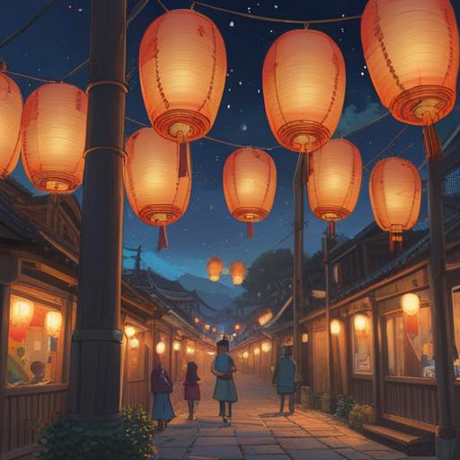 A serene scene depicting the celebration of a new beginning, vibrant colors, people releasing lanterns into the night sky, joyful expressions, traditional decorations, a sense of hope and positivity, lush greenery surrounding the area, peaceful ambiance, 4k