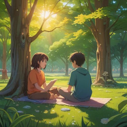 A serene and uplifting scene, warm sunlight filtering through lush trees, a person sitting peacefully in a park, surrounded by smiling friends, flowers blooming around them, expression of gratitude on their face, gentle breeze carrying soft petals, harmonious atmosphere, vibrant colors, 4k