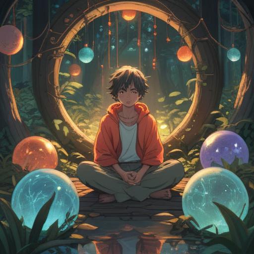 A tranquil scene depicting a person sitting quietly in a meditative pose, surrounded by soft glowing orbs representing positive energy, gentle nature elements like flowing water and blooming flowers, the character exhibiting a serene expression, warm light filtering through the trees, an ethereal atmosphere, symbols of spiritual awakening and personal growth, 4k