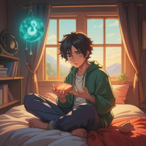 A person sitting on a bed, surrounded by soft pillows, holding a glowing lucky stone in their hands, warm sunlight streaming through the window, gentle healing aura surrounding them, vibrant colors, serene atmosphere, hope and resilience depicted, 4k