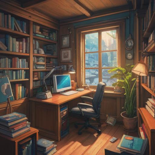 A collection of diverse objects organized in a neat arrangement, a desk filled with books, notebooks, and stationery, a laptop open with colorful graphs displayed, vibrant post-it notes scattered around, a cup of coffee beside the laptop, well-lit, creating a productive and focused atmosphere, bright colors, 4k