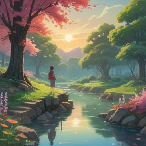 A serene landscape capturing the essence of spiritual happiness, vibrant colors, gentle flowing rivers reflecting sunlight, surrounded by blooming flowers, peaceful trees swaying softly in the breeze, a warm golden light illuminating the scene, people meditating harmoniously, feelings of contentment and peace radiating throughout, enchanting and uplifting atmosphere, 4k