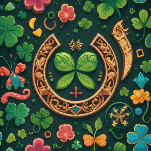 A vibrant illustration of various lucky charms, featuring a four-leaf clover, a horseshoe, and a lucky coin, bright colors, detailed textures, magical aura, surrounded by happy people celebrating, joyful expressions, captivating background of a sunny park, 4k