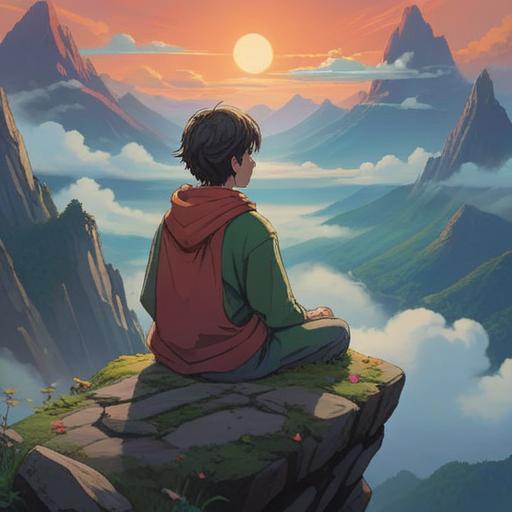 A serene and introspective scene, a person sitting in meditation on a mountaintop, surrounded by misty clouds, distant mountains in the background, ethereal light illuminating their figure, symbols of enlightenment floating around, peaceful expression, deep connection with nature, calming atmosphere, spiritual awakening, 4k