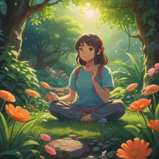 A serene and uplifting illustration, a person meditating in a peaceful garden, surrounded by vibrant flowers and lush greenery, ethereal light shining down, gentle breeze rustling leaves, a sense of inner peace and clarity, spiritual aura radiating, soft pastel colors, 4k