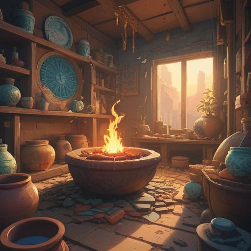 A serene scene depicting broken objects as symbols of spiritual renewal, fragments of pottery, shards reflecting sunlight, soft-focus background with gentle nature elements, vibrant greenery, suggestion of rebirth and transformation, ethereal atmosphere, meaningful symbols intertwined, 4k