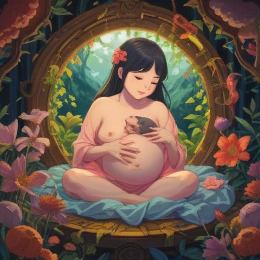 A serene and uplifting scene depicting the spiritual significance of being surrounded by pregnant women, warm and nurturing atmosphere, representation of life and fertility, soft glowing light symbolizing energy and abundance, gentle expressions on the faces, harmonious environment filled with nature, floral elements accentuating harmony and growth, ethereal quality, 4k