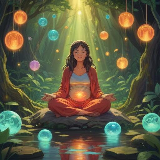 A serene illustration of a pregnant woman meditating in a tranquil nature setting, surrounded by glowing orbs representing spiritual signs, soft beams of light filtering through trees, symbols of intuition and awareness in the air, calming colors, peaceful expression, harmony with nature, 4k