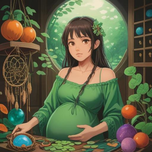 A serene scene of a pregnant woman surrounded by various lucky items, such as a four-leaf clover, a dream catcher, and a good luck charm, displaying a hopeful expression, gentle sunlight filtering through the trees, peaceful garden setting, vibrant colors, hint of floral patterns, nurturing atmosphere, inviting and warm, 4k