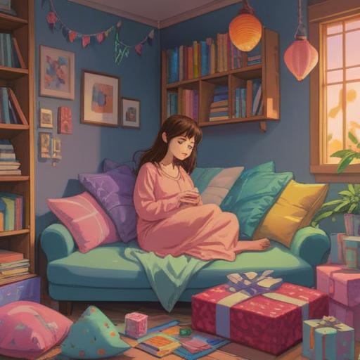 A pregnant woman surrounded by beautiful gifts for happiness, cozy room filled with soft cushions and pastel colors, glowing atmosphere, serene facial expression, holding a plush toy, thoughtful lettering on a wall, nurturing environment, decorative baby clothes, delicate flowers in a vase, 4k