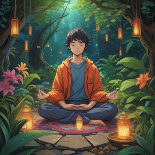 A serene illustration of a person meditating in a tranquil garden, surrounded by chaotic elements representing negativity, symbols of spiritual growth emerging from discomfort, a radiant light illuminating the scene, peaceful expression, vibrant nature, contrasting emotions, 4k