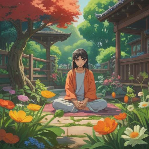 A serene illustration depicting a person practicing mindfulness in a peaceful garden, surrounded by blooming flowers and gentle sunlight, engaged in meditation, soft breeze rustling leaves, a tranquil pond reflecting the sky, harmonious atmosphere, vibrant colors, 4k