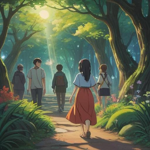 A serene gathering of diverse individuals in a tranquil park, ethereal light illuminating their faces, symbolic gestures showcasing connection, vibrant energy swirling around them, trees and flowers representing harmony, soft smiles conveying understanding, peaceful expressions, 4k