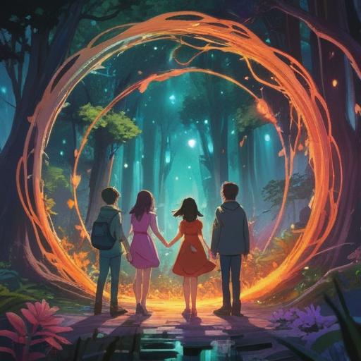 A serene scene depicting a spiritual gathering, individuals holding hands in a circle, radiant energy flowing among them, vibrant aura colors, peaceful expressions, harmonious atmosphere, nature setting with lush greenery, soft sunlight filtering through trees, 4k