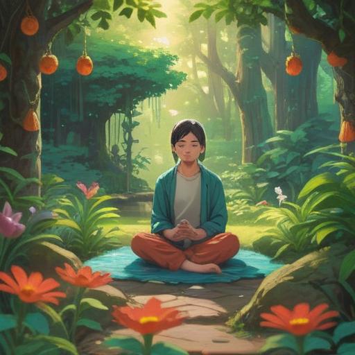 A serene scene depicting a person meditating in a tranquil garden, surrounded by lush greenery and blooming flowers, soft sunlight filtering through the trees, gentle breeze creating ripples in a nearby pond, birds softly chirping in the background, deep sense of inner peace and harmony, a spiritual atmosphere, vibrant colors, calming energy, 4k
