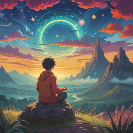 A serene landscape featuring various spiritual symbols in the sky, a person meditating in a peaceful setting, vibrant colors representing different emotions, ethereal light illuminating the scene, subtle hints of nature communicating spiritual signs, thought-provoking atmosphere, balanced composition, 4k