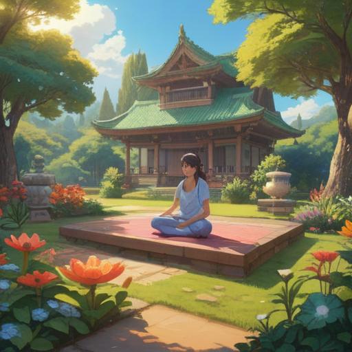 A serene landscape depicting the act of mindfulness and positivity, bright sunlight illuminating a peaceful garden, individuals practicing meditation and yoga, vibrant flowers symbolizing growth and positivity, harmonious colors reflecting tranquility, uplifting atmosphere, gentle breeze flowing through the trees, 4k