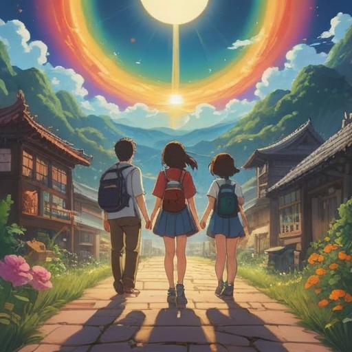 A serene and uplifting scene depicting the spiritual essence of spreading happiness to others, featuring a radiant sun shining down on a diverse group of joyful people celebrating together in a vibrant park, soft ethereal light enveloping them, symbols of positivity like butterflies and flowers surrounding the group, connected energy represented by flowing light between individuals, harmonious colors, peaceful atmosphere, 4k