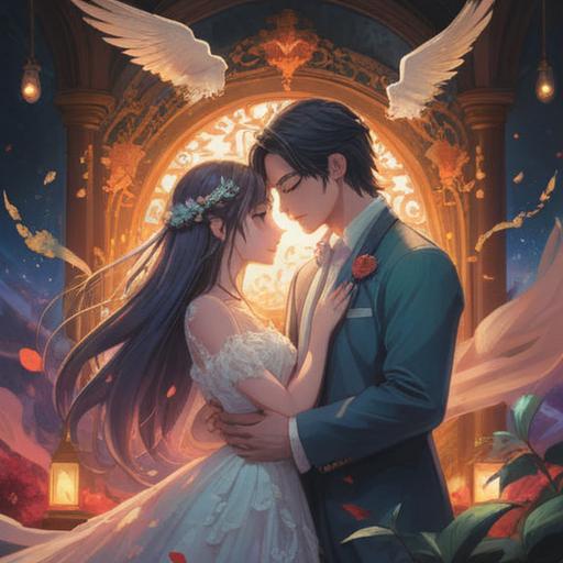 A serene illustration depicting the spiritual significance of marriage, surrounded by symbols of love and unity, soft ethereal light illuminating a couple in a harmonious setting, flowers symbolizing growth and connection, vibrant colors representing joy and positivity, gentle nature elements in the background, uplifting atmosphere, 4k