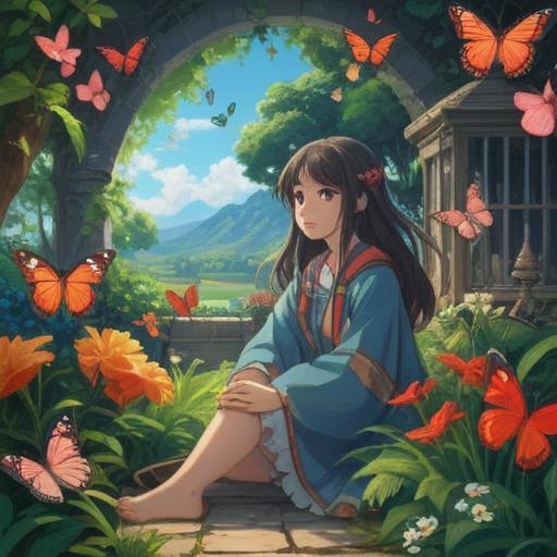 A serene and introspective scene, a young woman sitting in a peaceful garden, surrounded by symbolic elements like butterflies and flowers, representing transformation and new beginnings, glowing light filtering through the trees, thoughtful expression, subtle spiritual symbols in the background, rich colors, calm atmosphere, encouraging signs from the universe, 4k