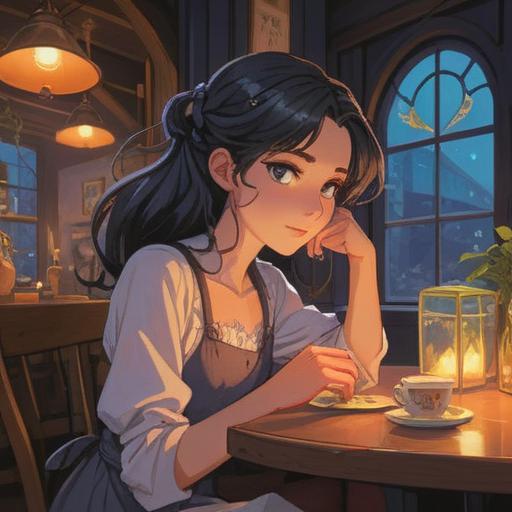 A serene scene of a young woman sitting in a cozy café, surrounded by wedding invitations on the table, a lucky charm pendant glowing softly, deep in thought, reflections of happiness and love in her eyes, soft sunlight filtering through the window, warm colors, inviting atmosphere, contemplating her own path, 4k