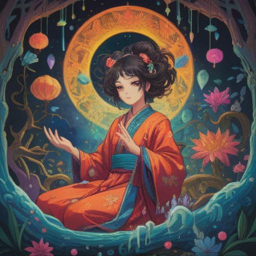 A serene spiritual illustration, depicting a person surrounded by luxurious wealth and opulence, contrasting with inner peace, vibrant colors symbolizing abundance, a calm aura amidst extravagant surroundings, rich textures in clothing and objects, ethereal light illuminating the scene, reflection of personal growth amidst materialism, 4k