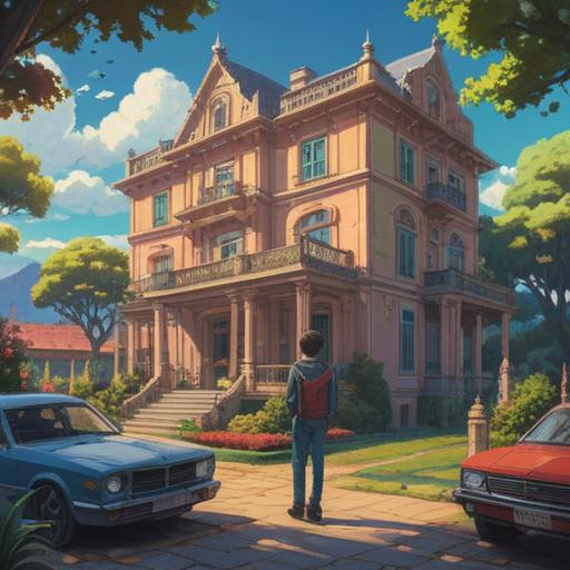 A serene and reflective scene, a person standing at a crossroads surrounded by opulent mansions, vibrant gardens, and luxury cars, feeling a spiritual disconnect, subtle ethereal light illuminating the path ahead, iconic symbols of abundance and wealth surrounding them, tension between materialism and spiritual growth, 4k