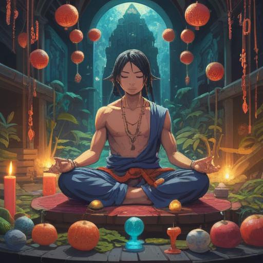 A spiritual illustration representing the meaning of reduced income, a person meditating in a tranquil environment, surrounded by symbols of abundance and scarcity, harmonious colors, ethereal light, emphasizing personal growth and resilience, nature elements like trees and flowing water, serene atmosphere, 4k