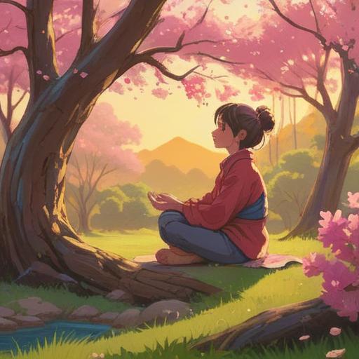 A serene landscape depicting a person meditating under a blooming cherry blossom tree, soft sunlight filtering through the branches, a gentle breeze carrying petals, vibrant colors symbolizing renewal and spiritual growth, calm water reflecting the sky, a sense of peace and clarity, 4k
