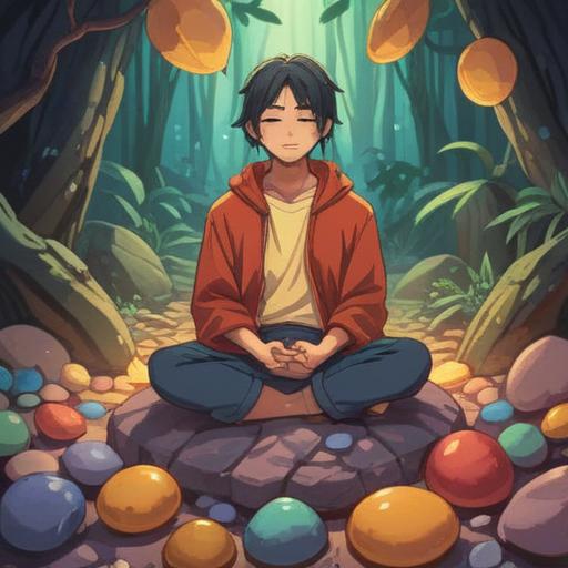 A serene illustration depicting a person meditating peacefully, surrounded by various lucky stones, each emitting a soft glow, warm sunlight filtering through trees, gentle breeze rustling leaves, tranquil atmosphere, focus on the individual’s serene expression, harmony with nature, symbolic representation of emotional support, subtle textures, calming color palette