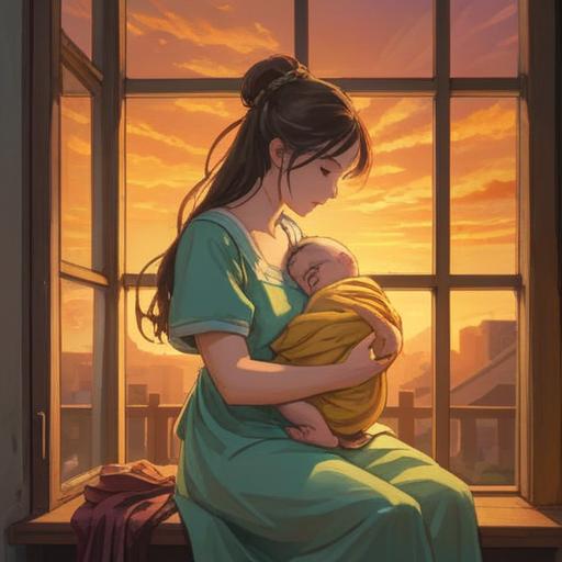 A serene, intimate scene depicting a nursing mother and child, soft golden light filtering through a window, symbols of spirituality like glowing orbs surrounding them, gentle expressions conveying love and connection, natural elements such as plants and flowers enhancing the atmosphere, calm and peaceful environment, intricate details of the mother’s clothing, warm inviting colors, high resolution