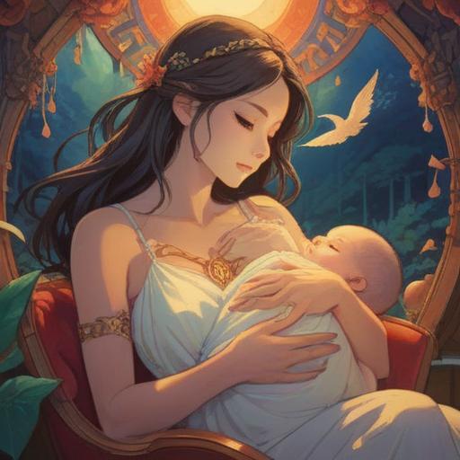 A serene and intimate illustration of a mother breastfeeding her child, warm and soft lighting, an aura of calm and connection, symbols of spirituality surrounding them, ethereal light illuminating the scene, gentle smiles and expressions of love, hints of celestial elements like stars or feathers, peaceful atmosphere, nurturing bond, 4k
