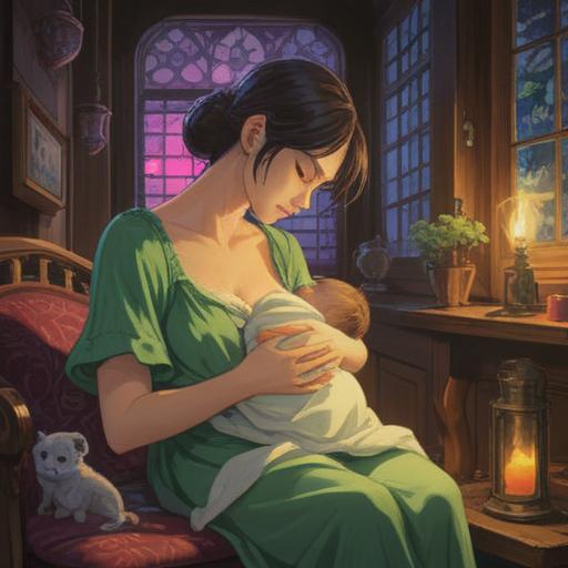 A serene and intimate scene of a mother breastfeeding her baby, a warm and cozy environment, soft lighting illuminating the bond between them, heartwarming details like a cozy blanket and soothing decorations around, a sense of love and tranquility, nurturing atmosphere, emphasis on the emotional connection, gentle expressions, 4k