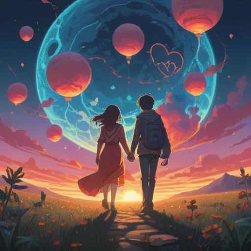A serene illustration of a couple holding hands under a vibrant sky, surrounded by symbols of love and growth, glowing orbs representing spiritual connection, gentle waves of energy flowing between them, a peaceful garden setting with blooming flowers, soft light illuminating the scene, a sense of unity and divine blessing, spiritual motifs subtly integrated, 4k